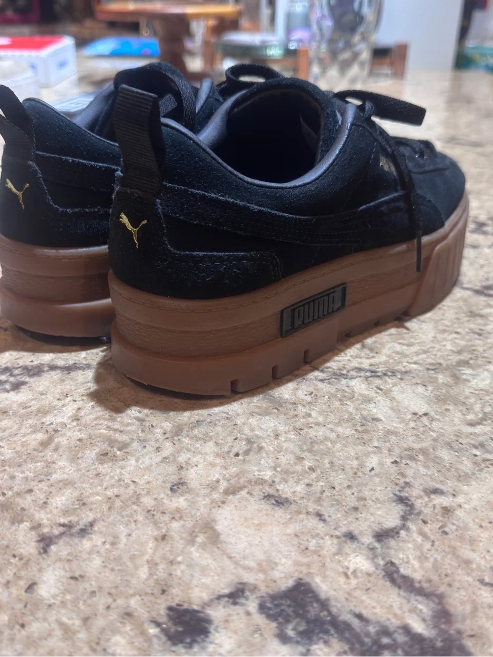 Puma Black Suede Platform Sneakers with Brown Gum Sole